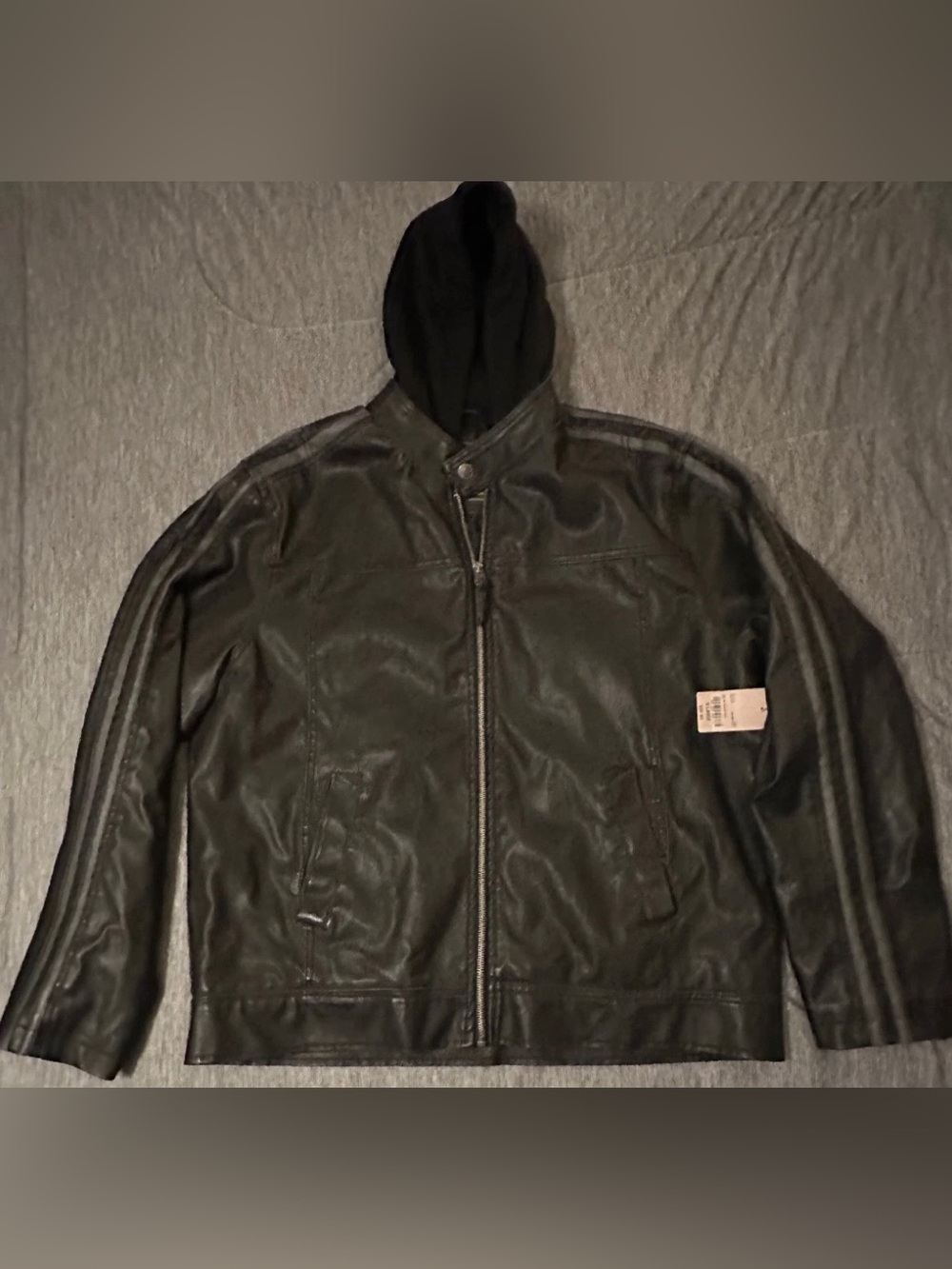 Arizona Jeans Moto Jacket Size XL Faux Leather Racer Stripes with hood New